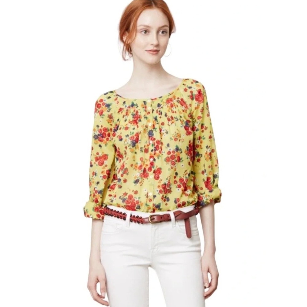 Postmark Anthropologie Cottagecore Lemon Bloom Peasant Blouse 100% Cotton